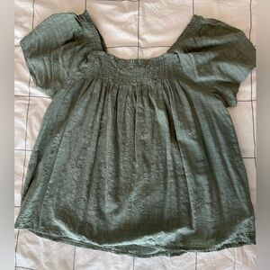 Madewell Olive Smocked Square-Neck Puff Sleeve Top